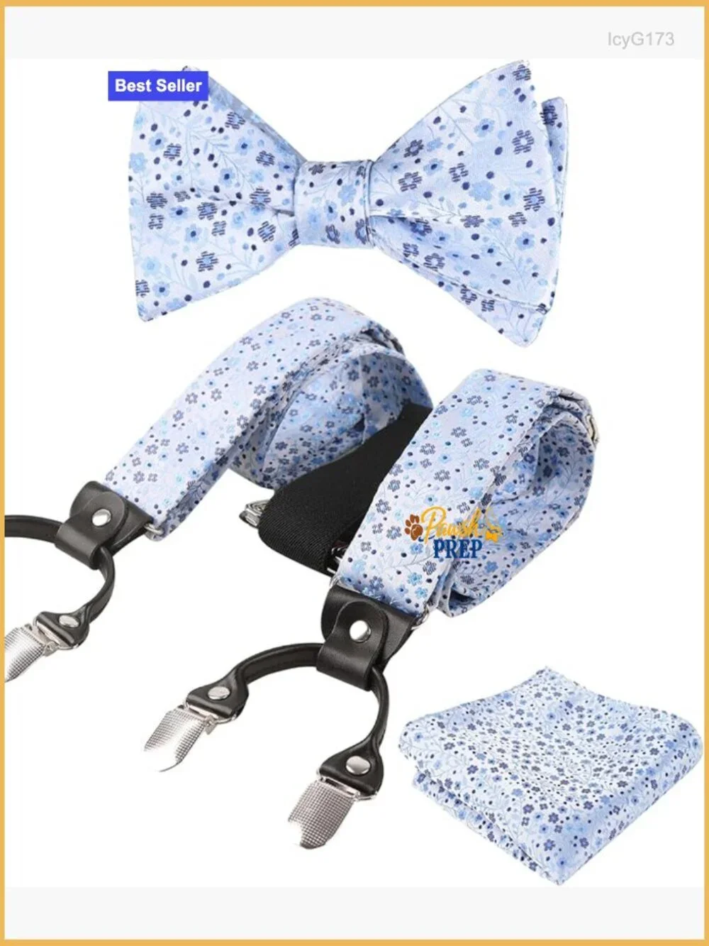 Men's Floral Suspenders Bow Tie Pocket Square Set Formal Wear